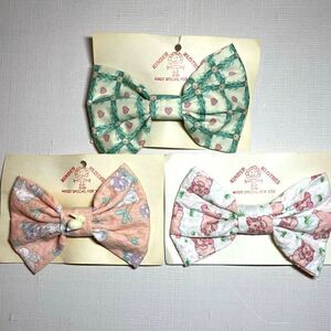 Vintage 80s Girls Fabric Hairbows New Old Stock Green Pink Bunny Easter Spring